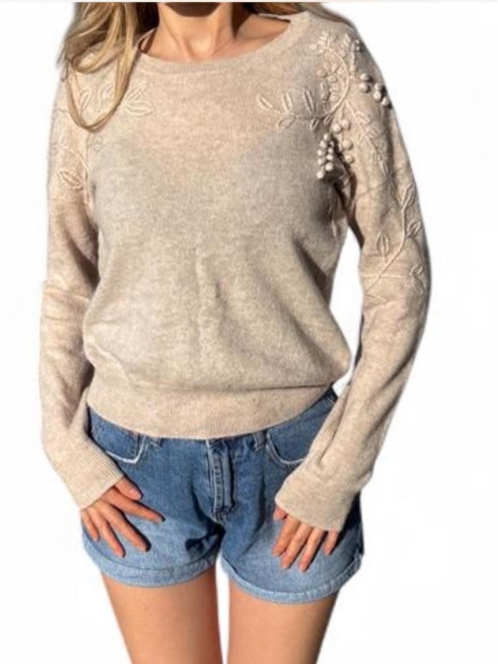 Delicate cashmere sweater oatmeal cream color 
Features embroidered 3D berries S